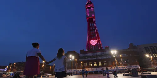 Blackpool Tower Lit up in the evening with pink heart