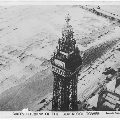 Birds eye black and white view of the Blackpoo Tower