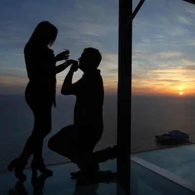 Proposal at the top of the Blackpool Tower Eye at sunset